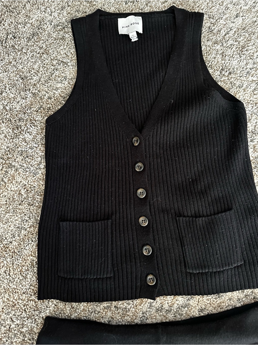 Pink Rose Black Ribbed Boot-Cut Pants with Matching Button Vest - Picture 2 of 4